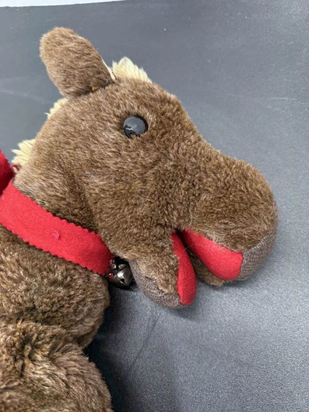 Vintage Handmade 18” Plush Stuffed Animal Horse With Red Bow Jingle Bell